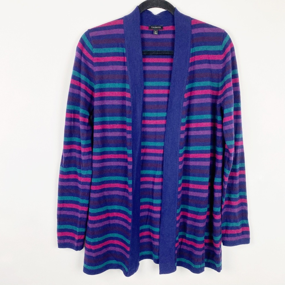 Talbots Striped Cardigan Sweater Navy Pink Teal Purple Women's M Lambswool Blend